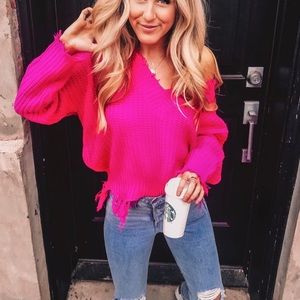Pink Lily hot pink distressed v-neck sweater